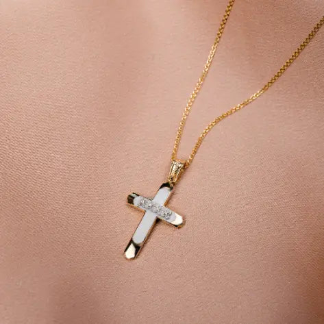 Two-toned Gold Baptism Cross with Flowers and Chain 14K
