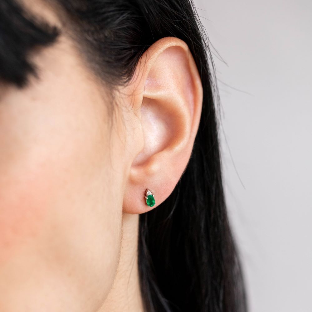 Diamond Emerald Earrings 14K White Gold