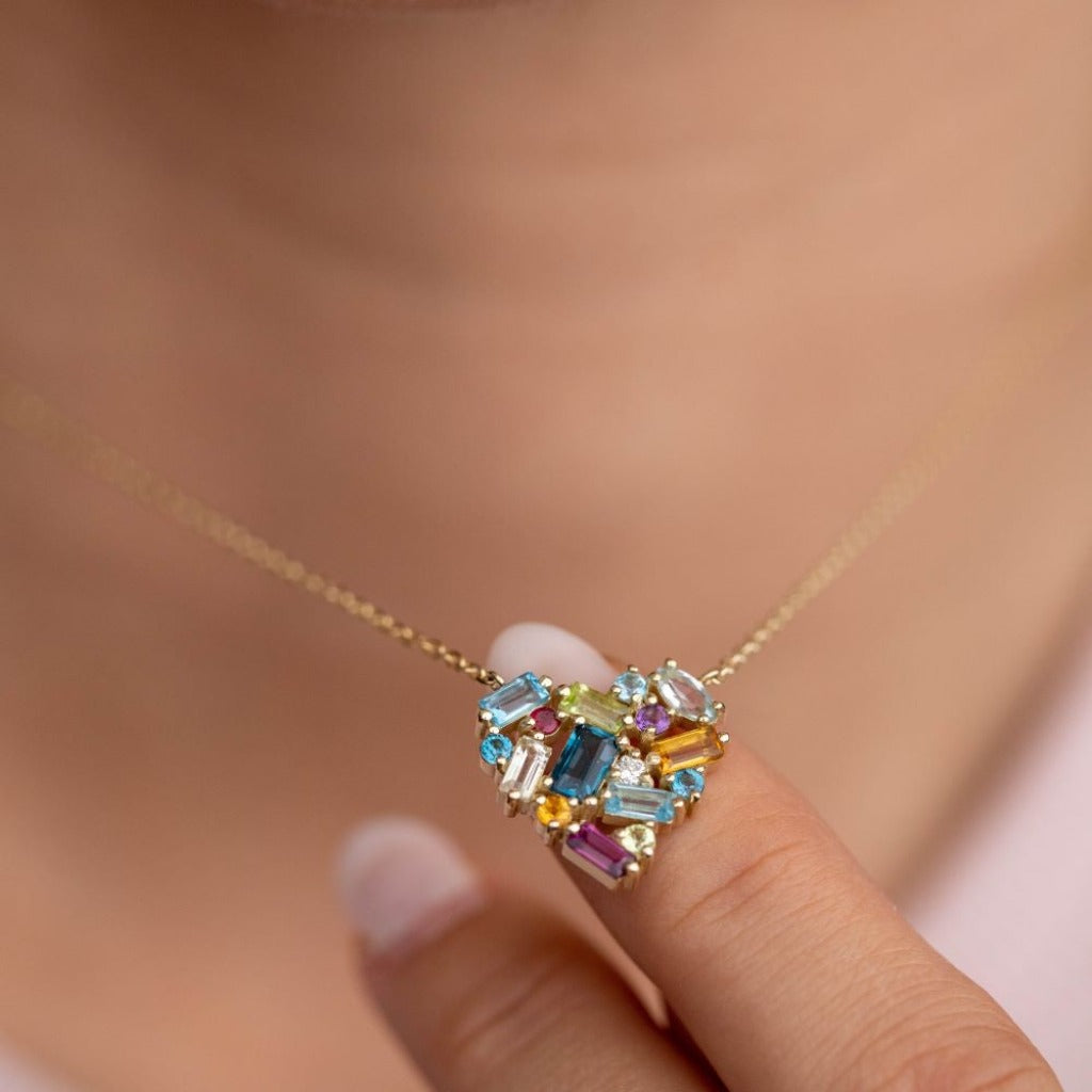 Rainbow Sapphire Heart Necklace 14K Gold