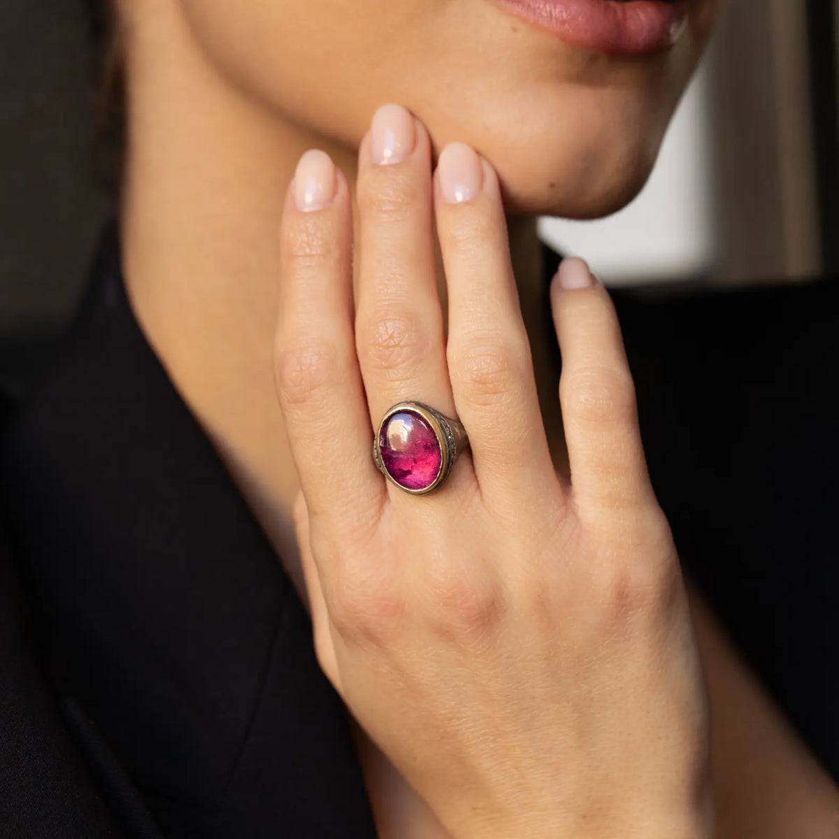 Pink Tourmaline & Brown Diamond Ring Silver And Gold