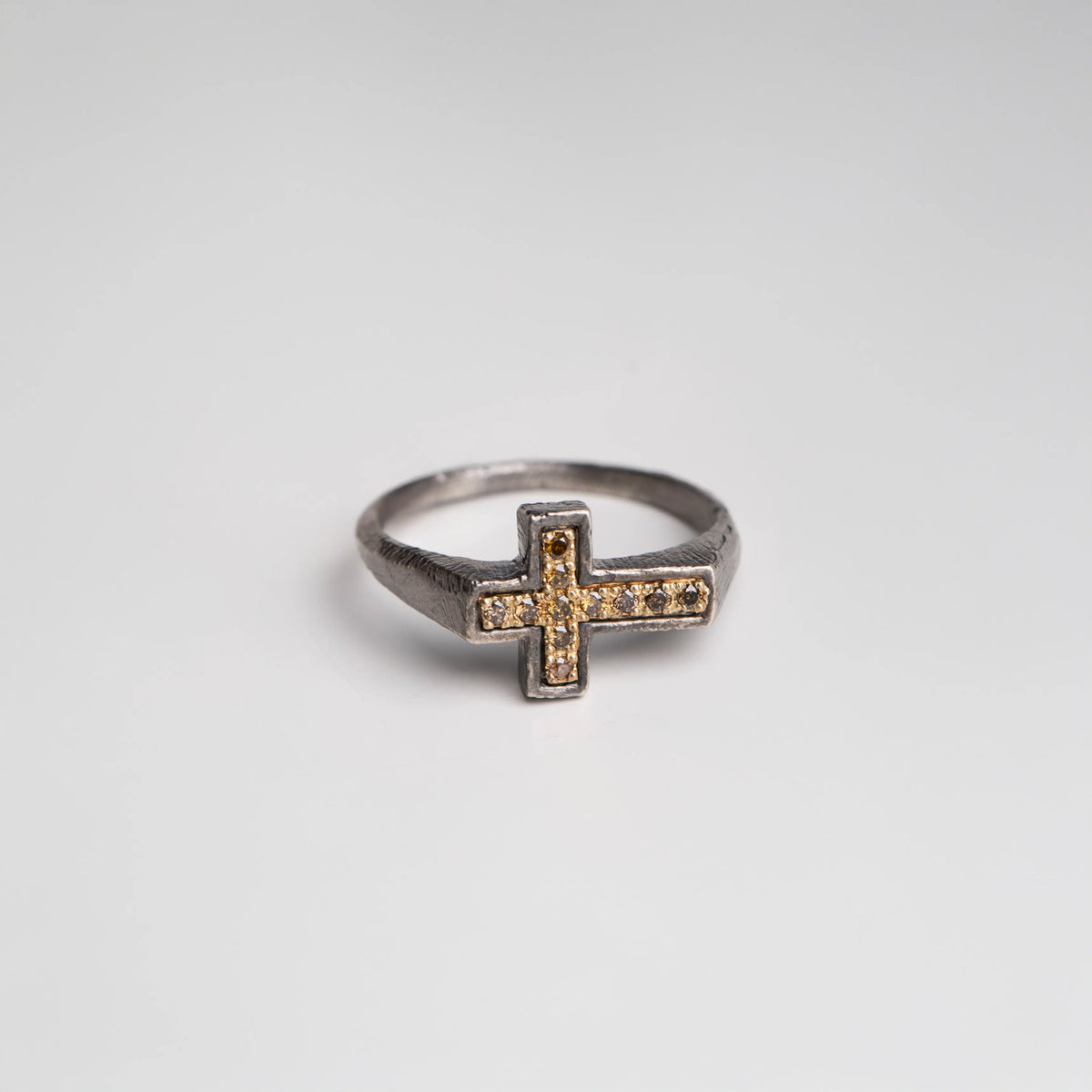Cross Ring 14K Gold & Silver with Brown Diamonds