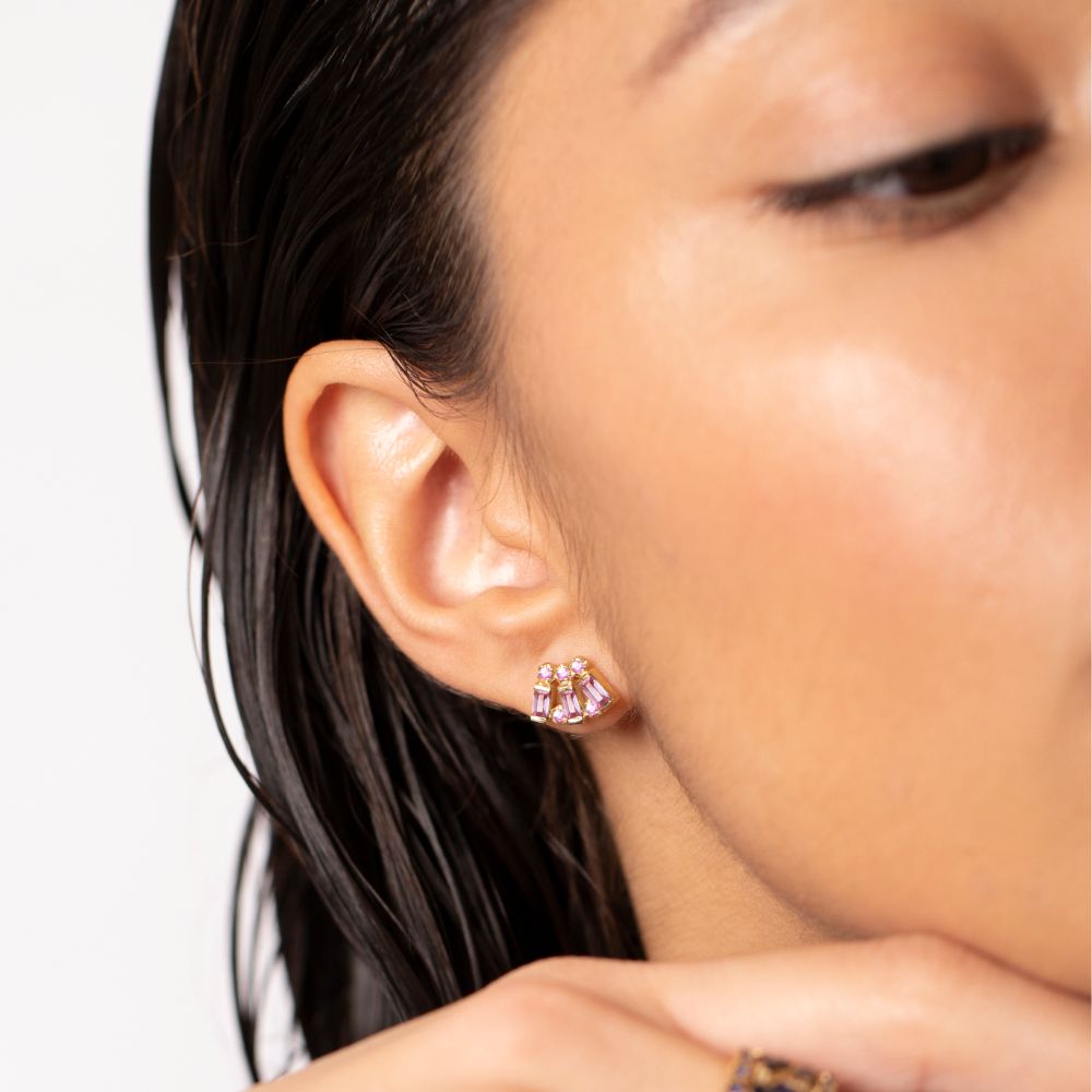 Baguette Pink Sapphire Stud Earrings 14K
