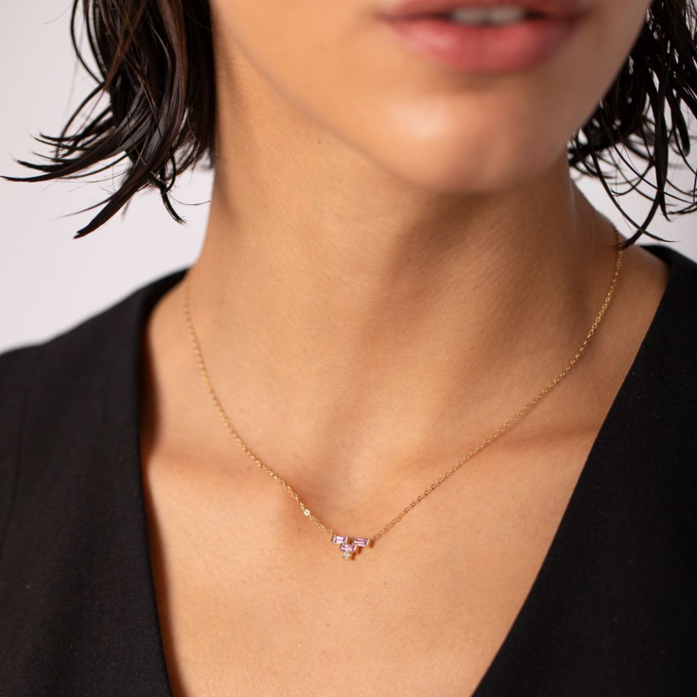 Pink Sapphire Baguette Diamond Necklace 14K Gold