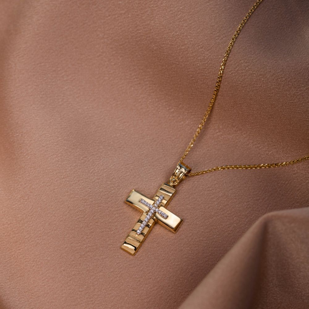 Textured 14K Gold  Cross with Chain