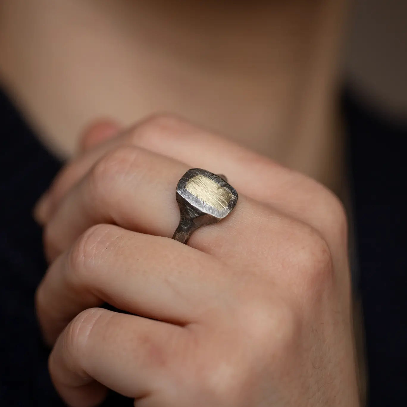 14K Gold and Oxidized Silver 925 Signet Ring