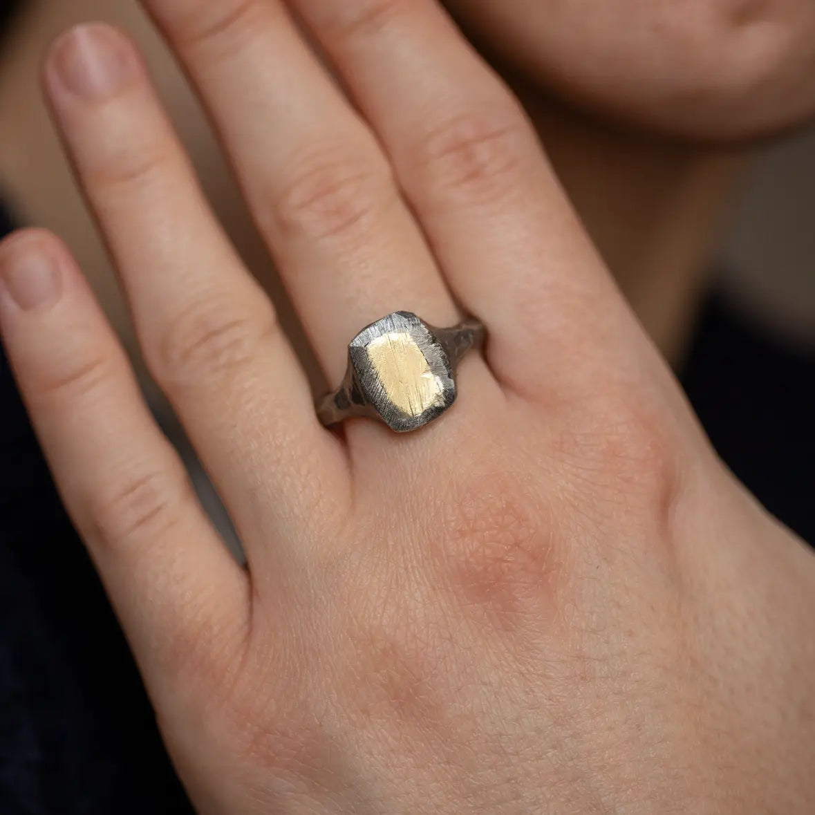 14K Gold and Oxidized Silver 925 Signet Ring
