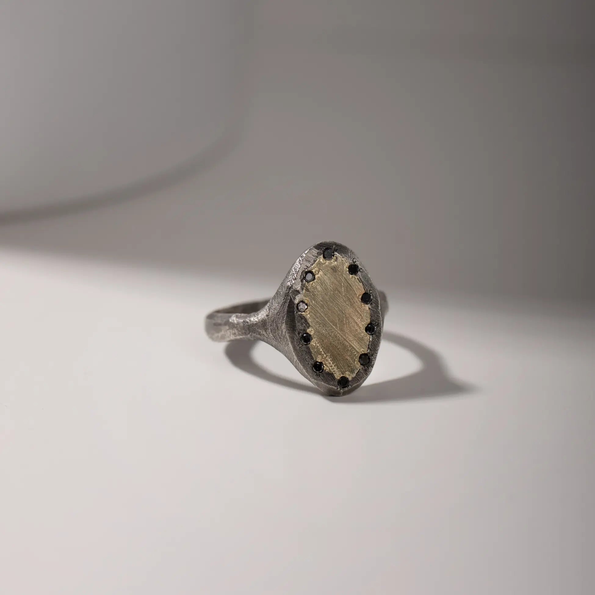 Oval Ring 14K Gold Oxidized Silver 925 Black Diamonds