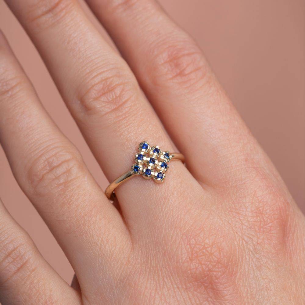 14K Gold Ring Square Blue Sapphires