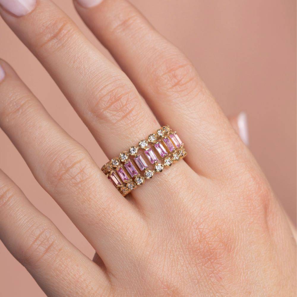 14K Gold Eternity Ring Pink Sapphires Diamonds
