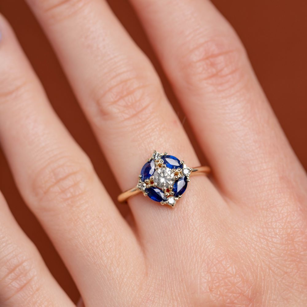 Blue Sapphires Marquise Gray Diamond Ring 14K Gold