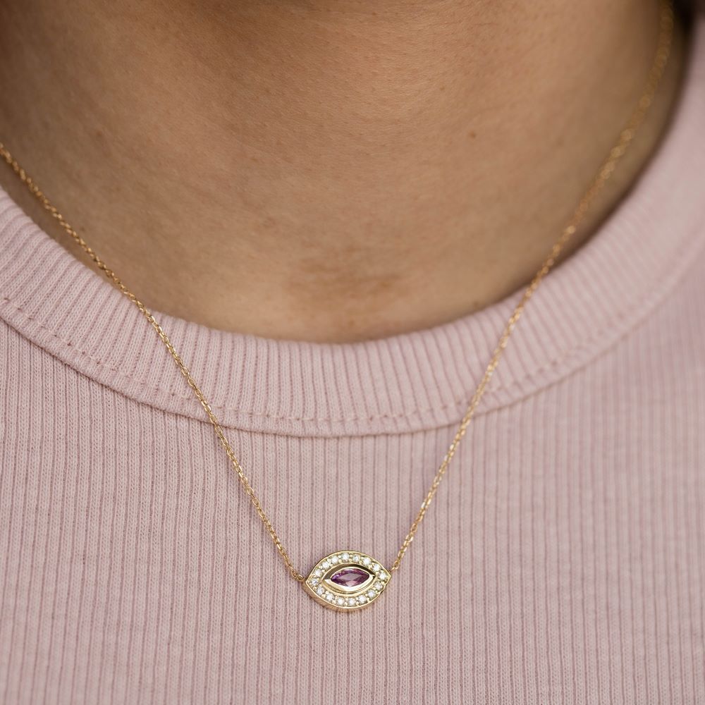 Pink Sapphire Diamond Eye Necklace 14K Gold