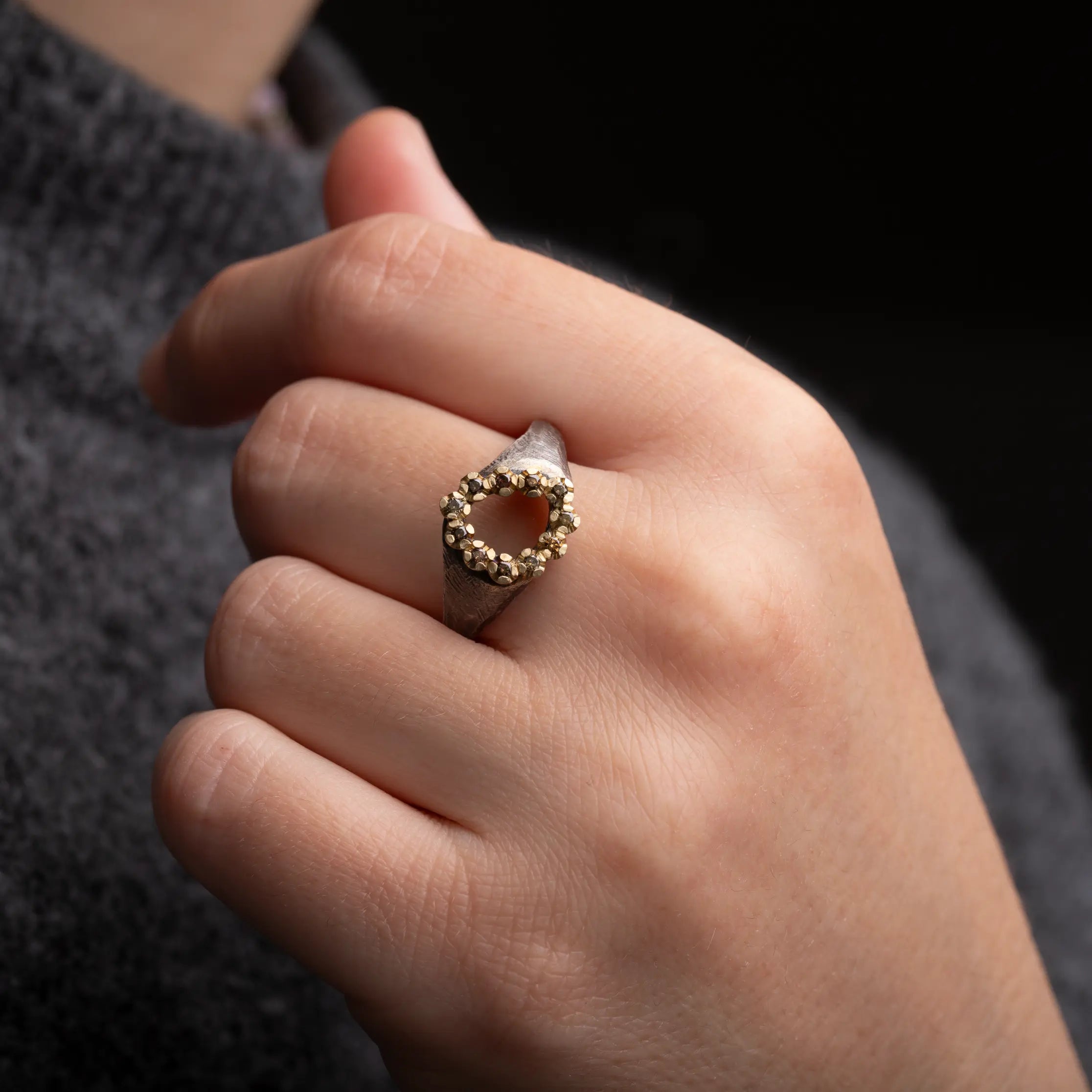 Δαχτυλίδι Ασήμι Χρυσός Κ14 Καφέ Διαμάντια