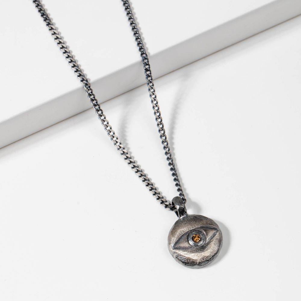 Evil Eye Necklace Oxidized Silver Brown Diamond