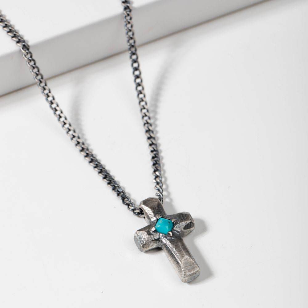 Turquoise Cross Pendant Necklace Oxidized Silver