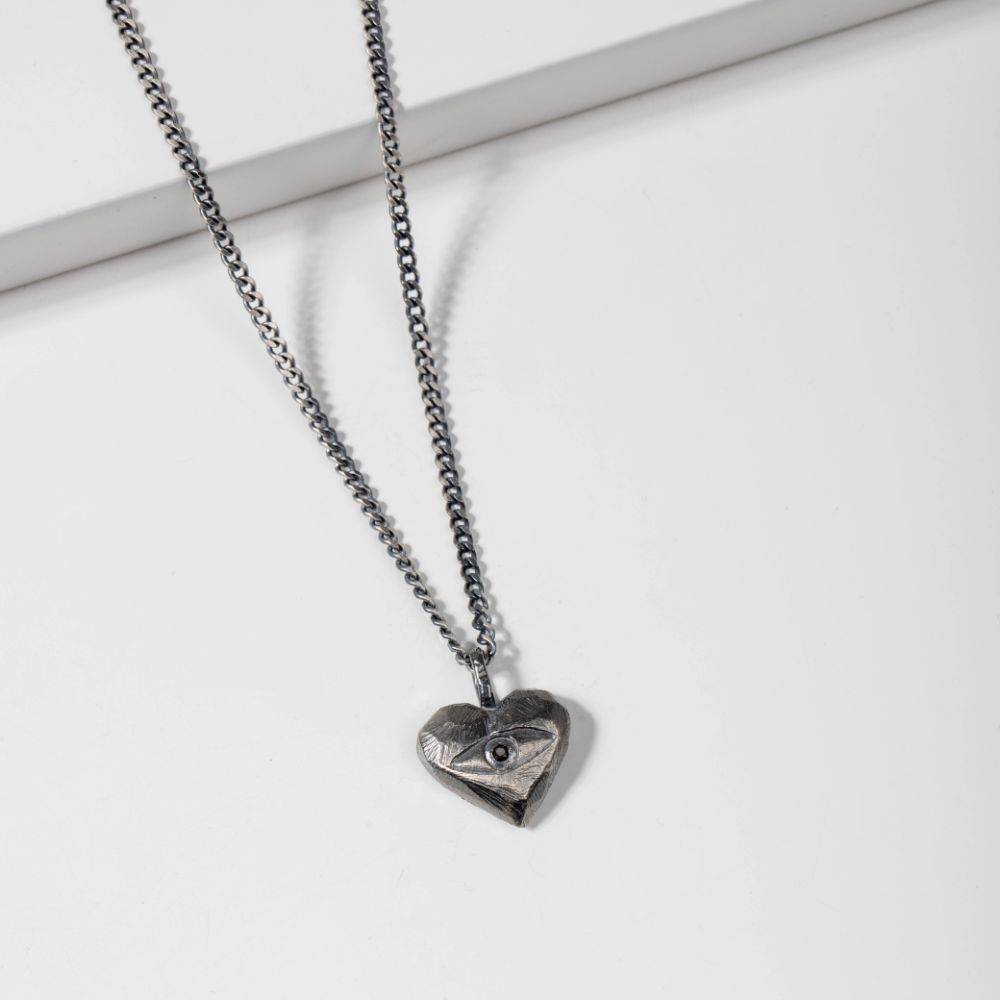 Heart Necklace Oxidized Silver Black Diamond