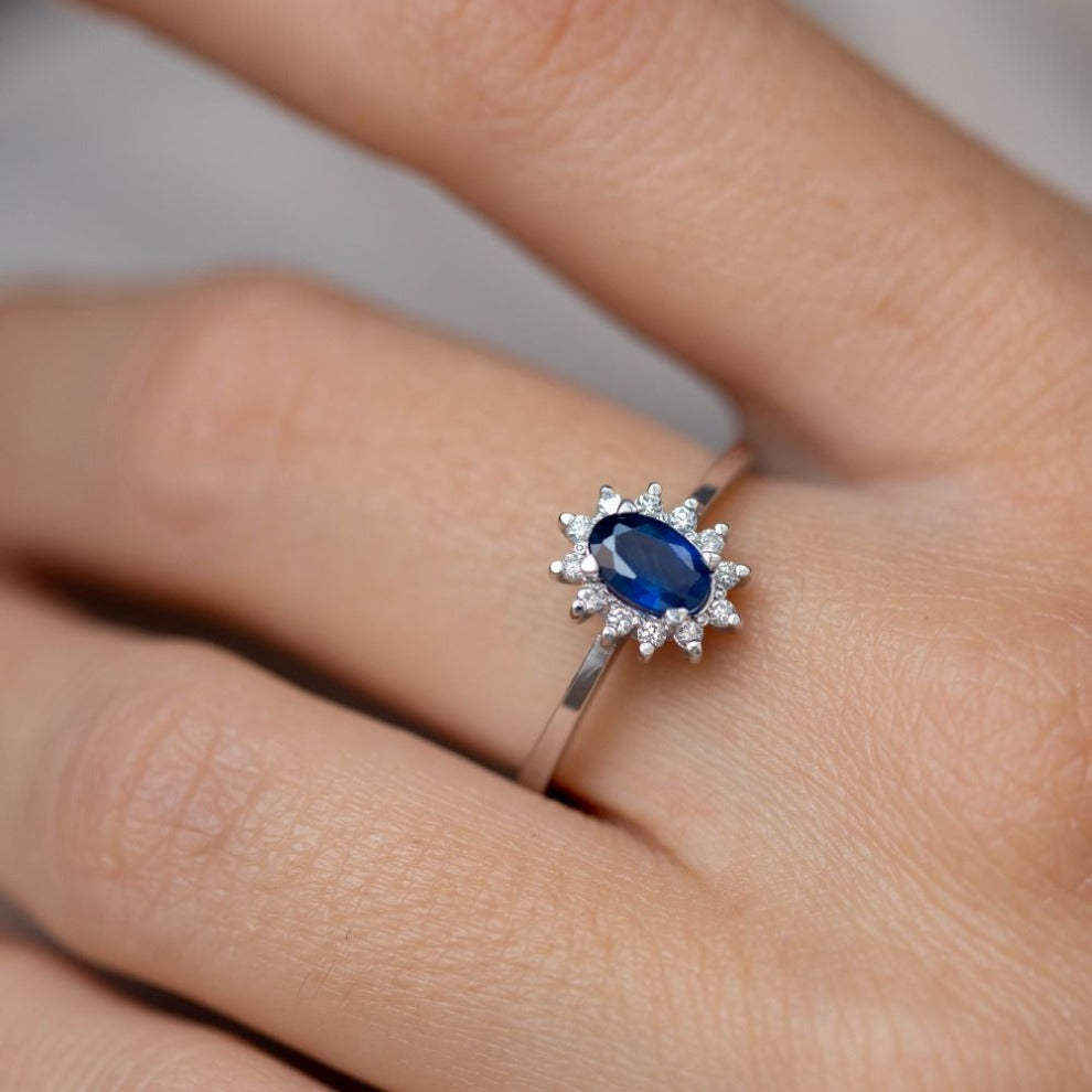 Halo Engagement Ring Blue Sapphire Diamond 18K