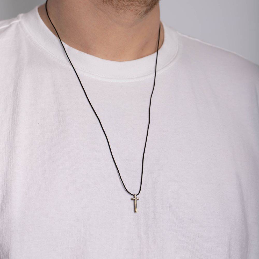 Cross Necklace Oxidized Silver and 14K Gold