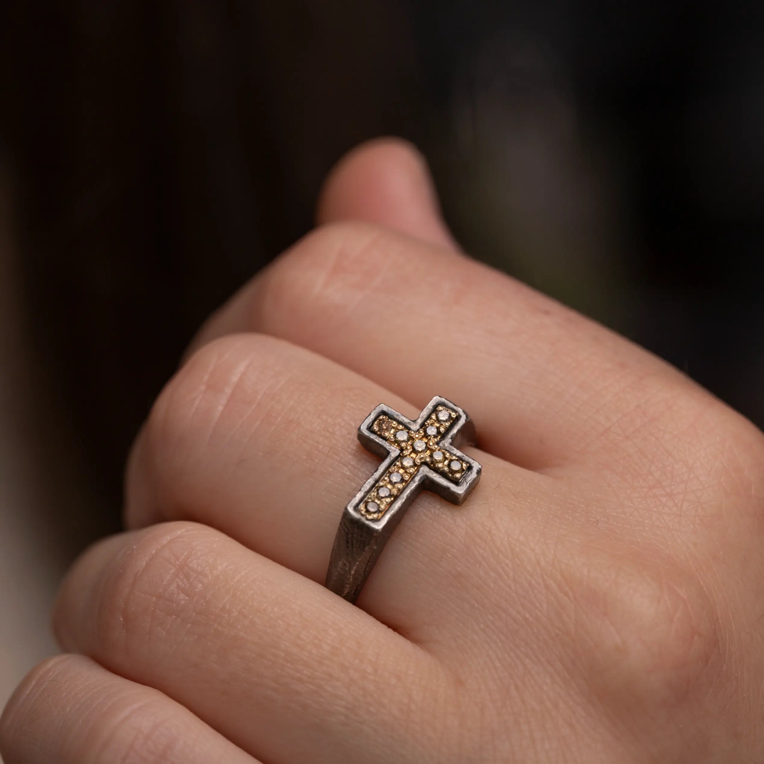 Cross Ring 14K Gold & Silver with Brown Diamonds