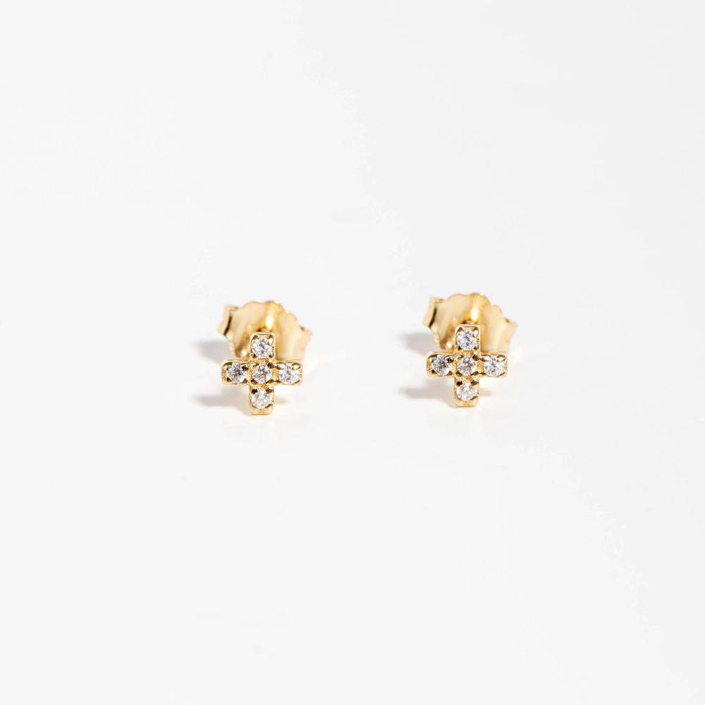 Diamond Cross Stud Earrings 14K Gold