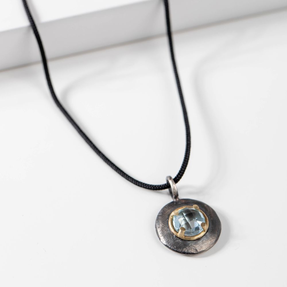Blue Topaz Disc Necklace Silver and 14K Gold