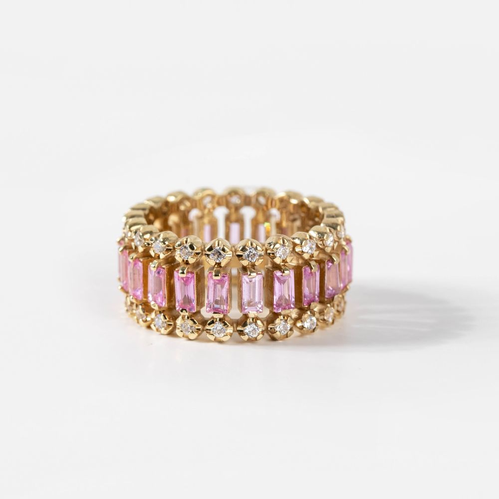 14K Gold Eternity Ring Pink Sapphires Diamonds