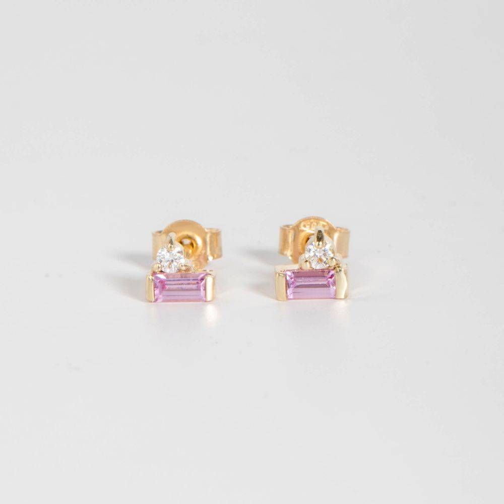 Pink Baguette Sapphire Diamond Studs 14K