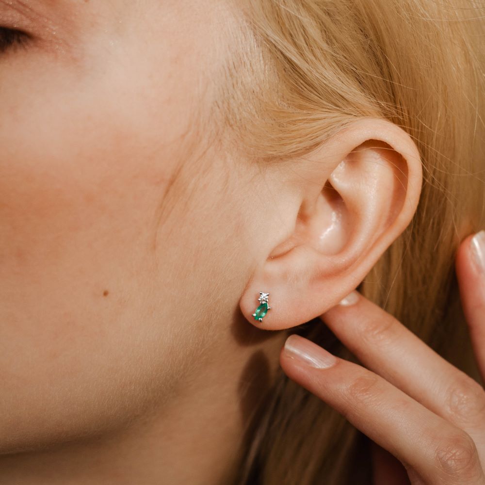 Emerald Diamond Earrings 14K White Gold