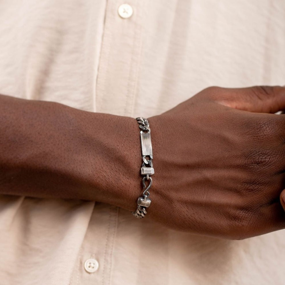 Men Silver Bracelet ID Cuban Link Chain