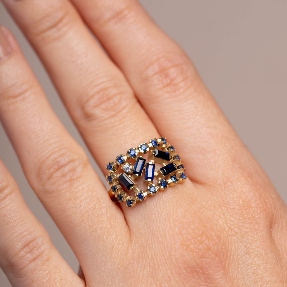 Blue Sapphire Baguette Diamond Ring 14K Gold