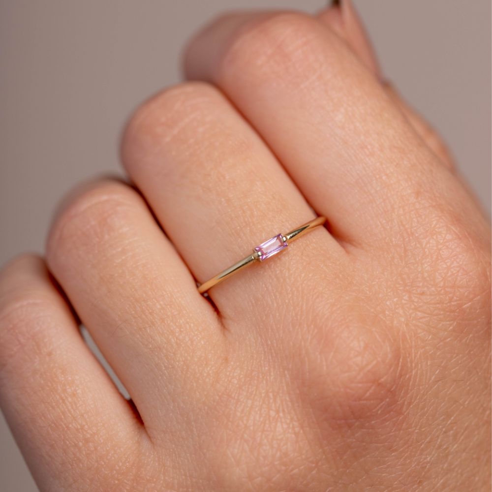14K Pink Sapphire Baguette Ring Kyklos Jewelry