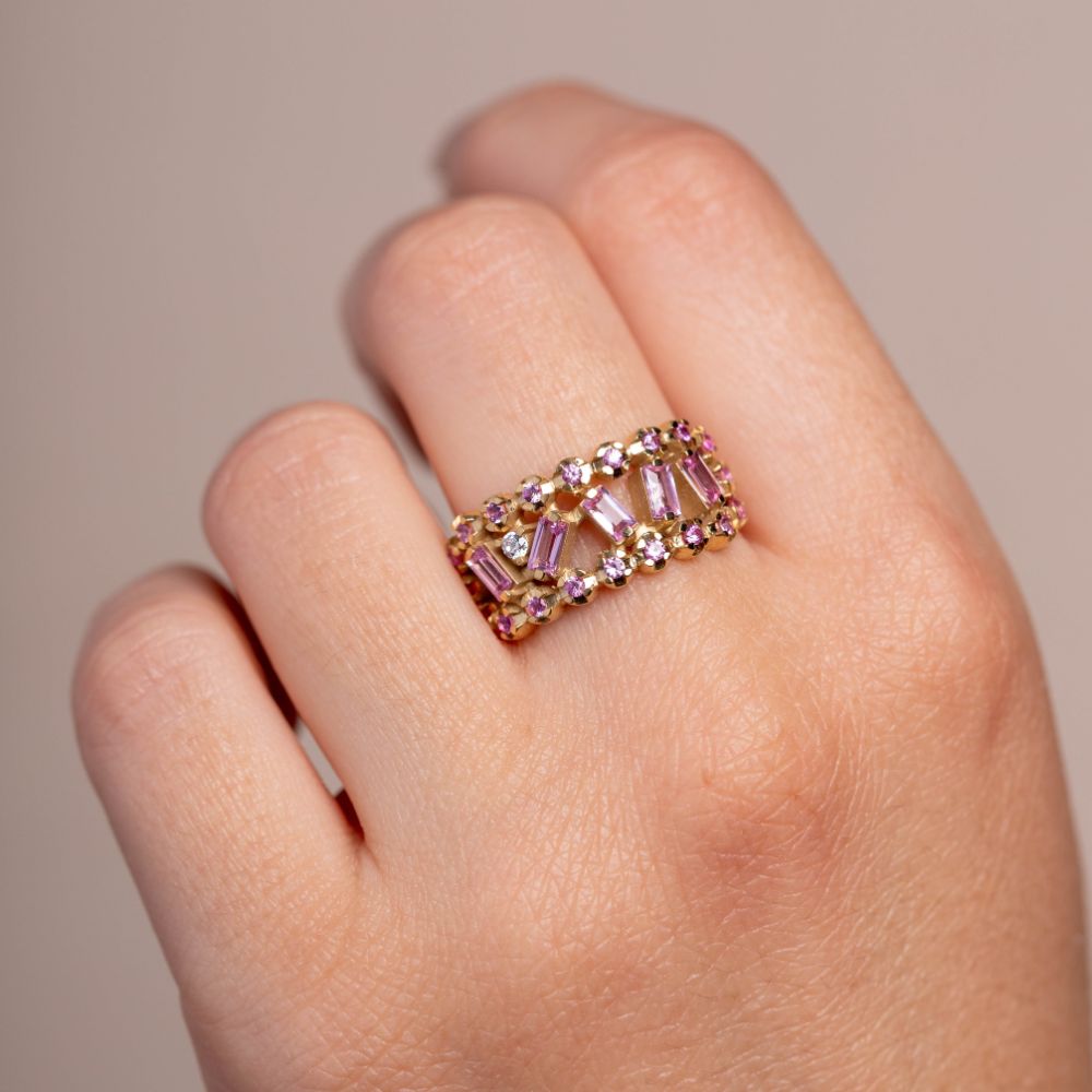 Pink Sapphire Baguette Diamond Ring 14K Gold