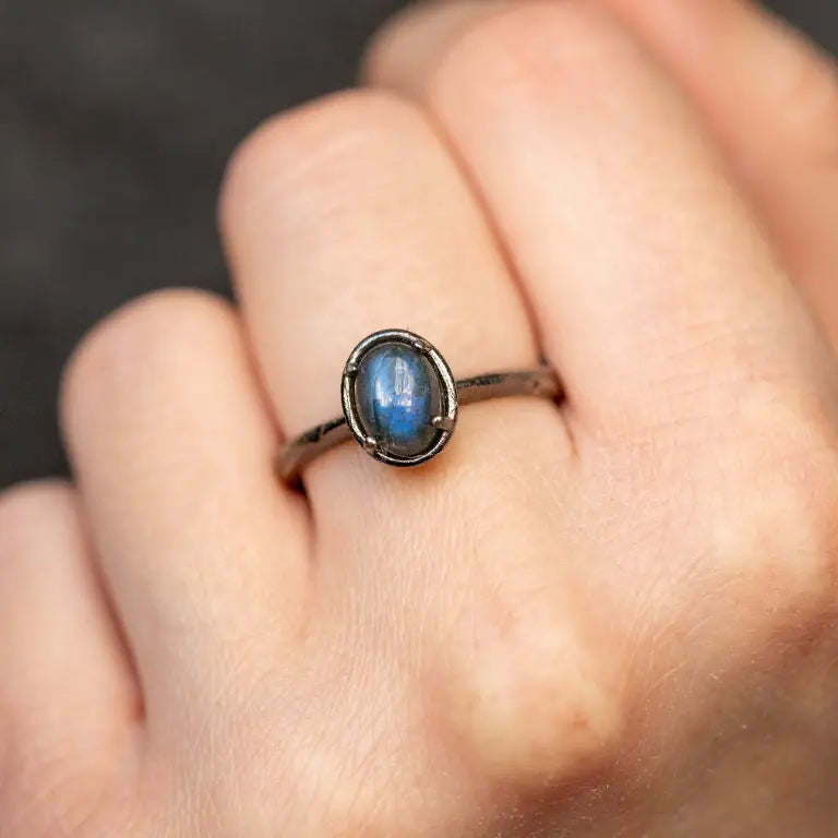 Solitaire Oval Labradorite Ring Oxidized Silver 925