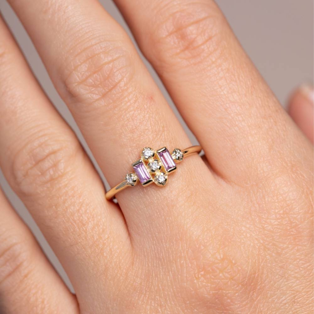 14K Gold Ring Pink Sapphires Diamond