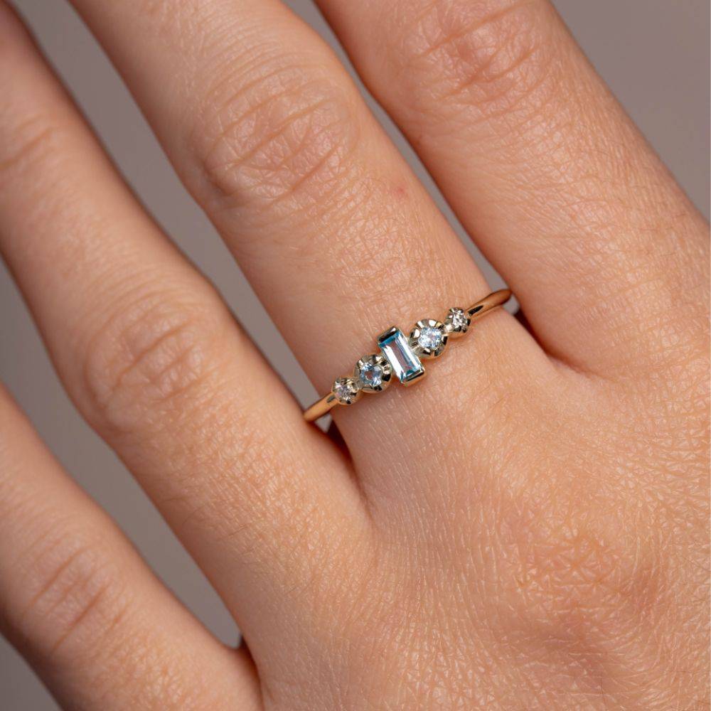 Swiss Blue Topaz Baguette Diamond Ring 14K Gold
