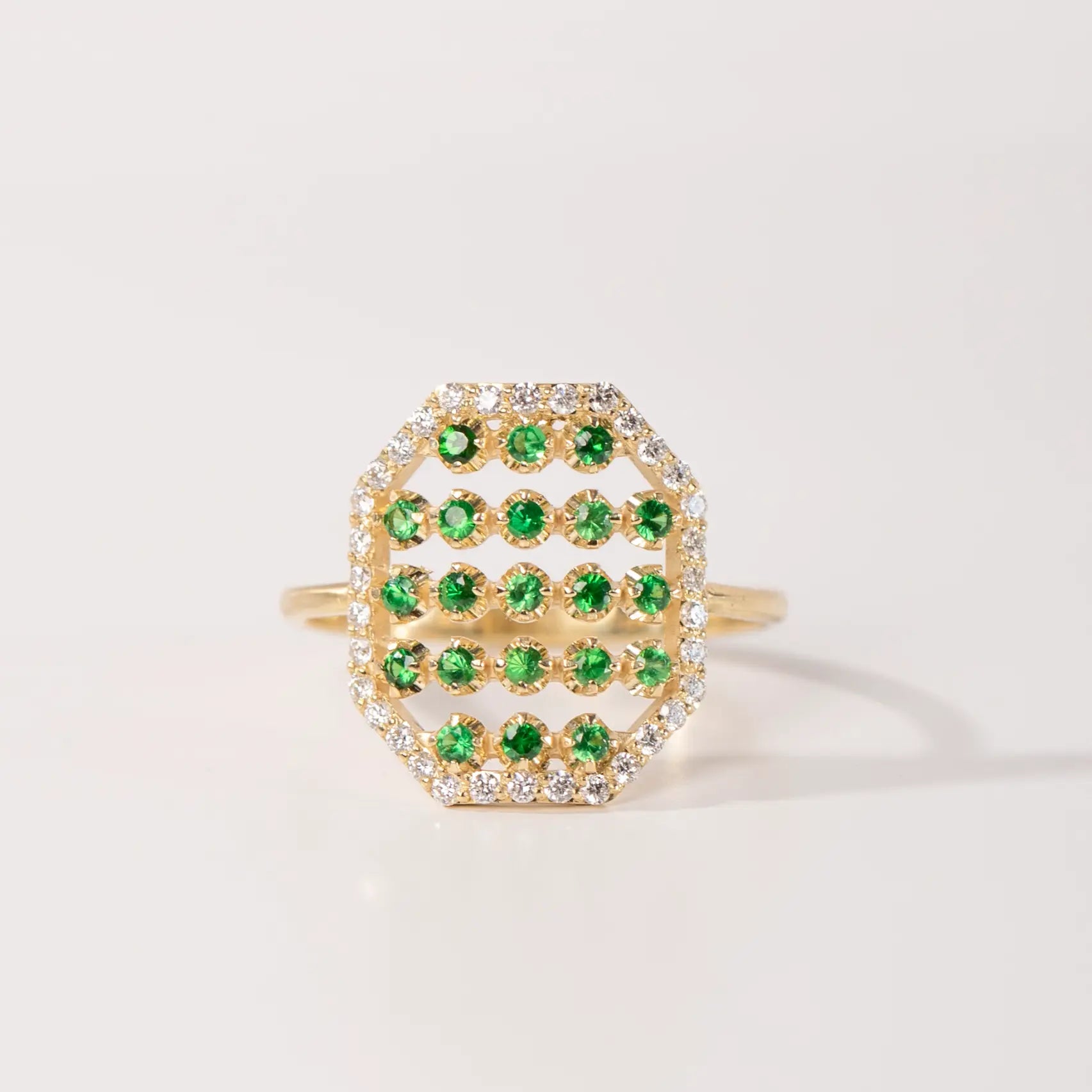 18K Gold Ring Octagon Tsavorites Diamonds