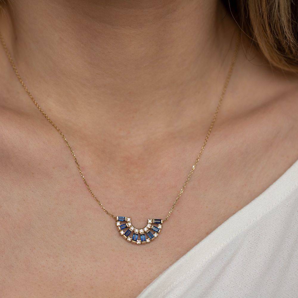 Blue Sapphire Half Circle Necklace 14K Gold