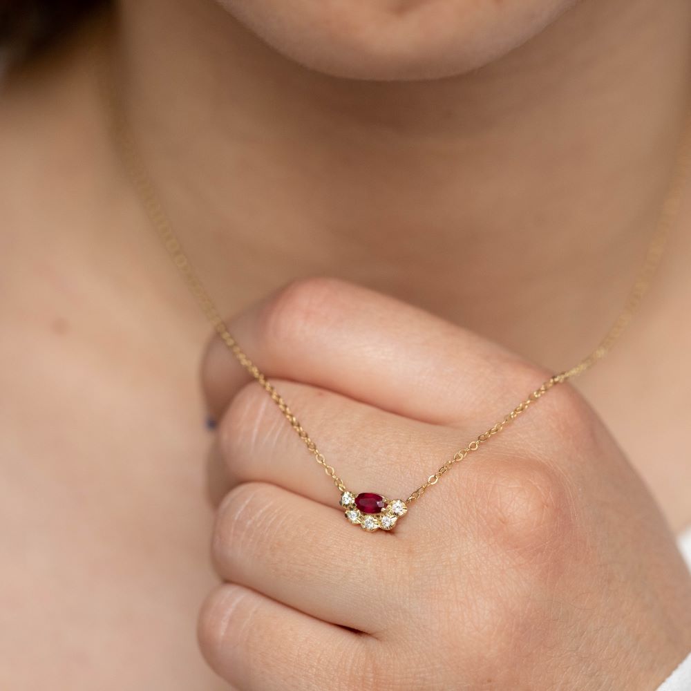 Oval Ruby Diamond Necklace 14K Gold