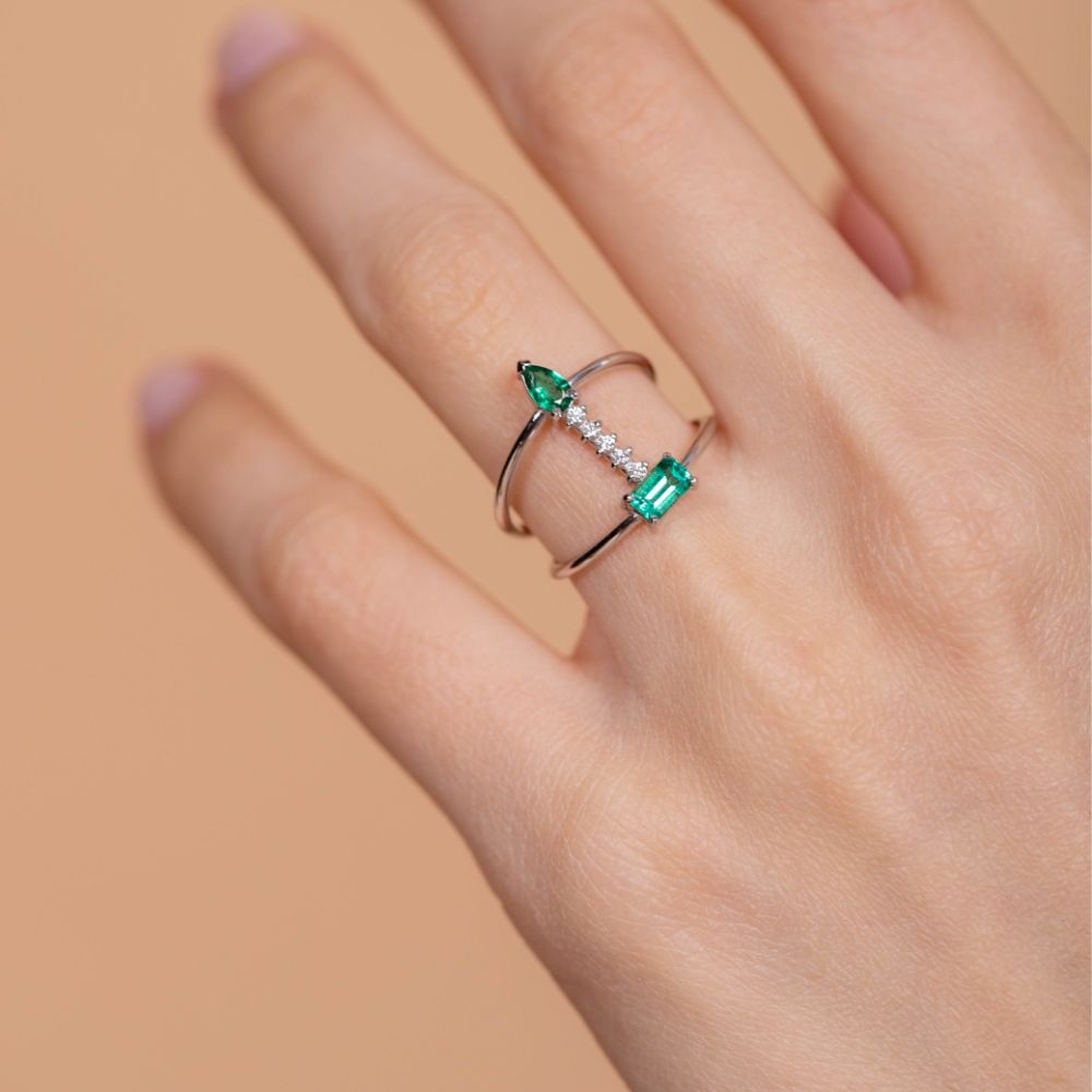 14K White Gold Ring With Emeralds and Diamonds