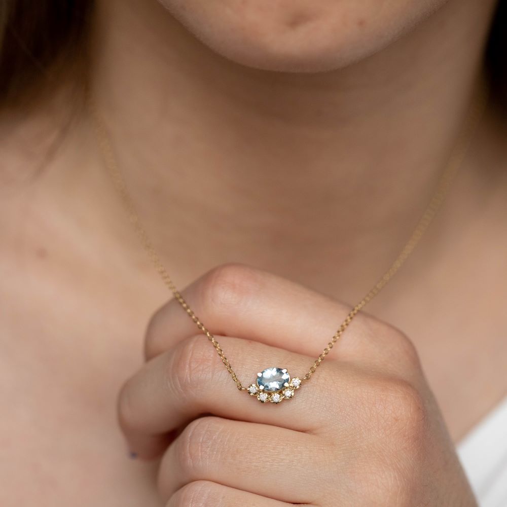Aquamarine Diamond Necklace 14K Gold