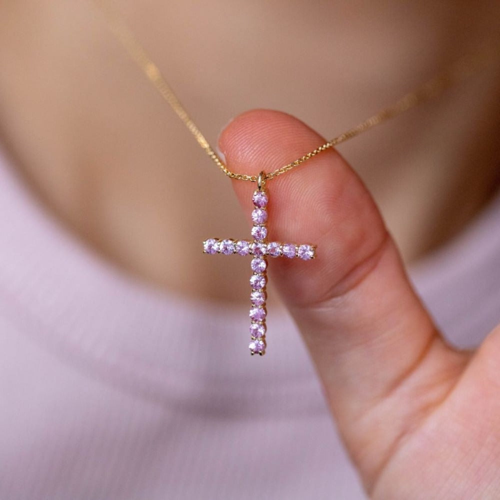 Pink Sapphire Cross Necklace 14K Gold