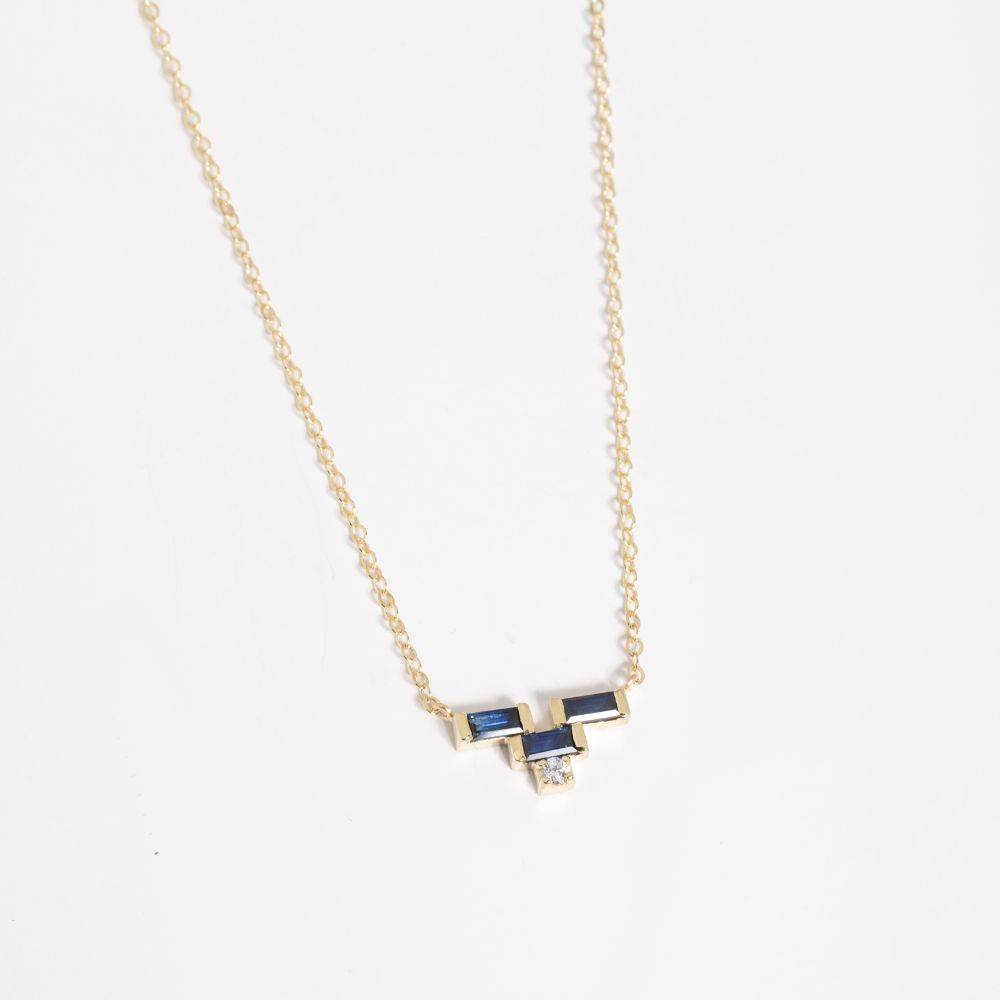 Blue Sapphire Baguette Diamond Necklace 14K Gold