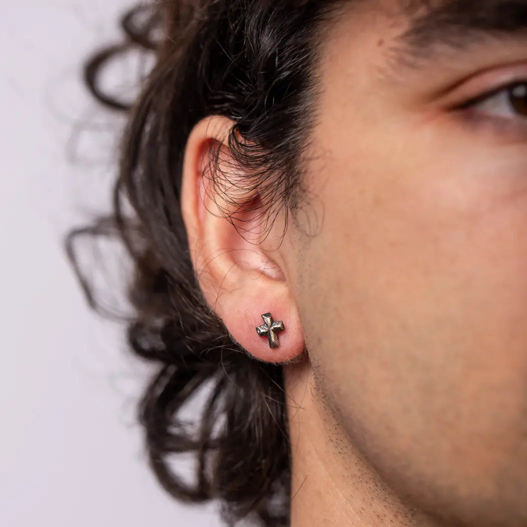 Oxidized Silver Cross Stud Earrings