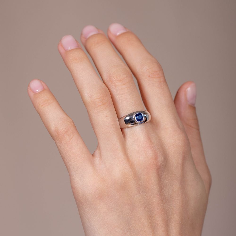 Men's Round Diamond & Princess-Cut Sapphire Ring in 10k White Gold