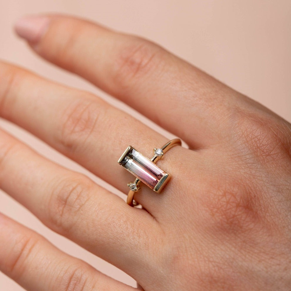 14K Gold Bicolor Pink Tourmaline Diamond Ring
