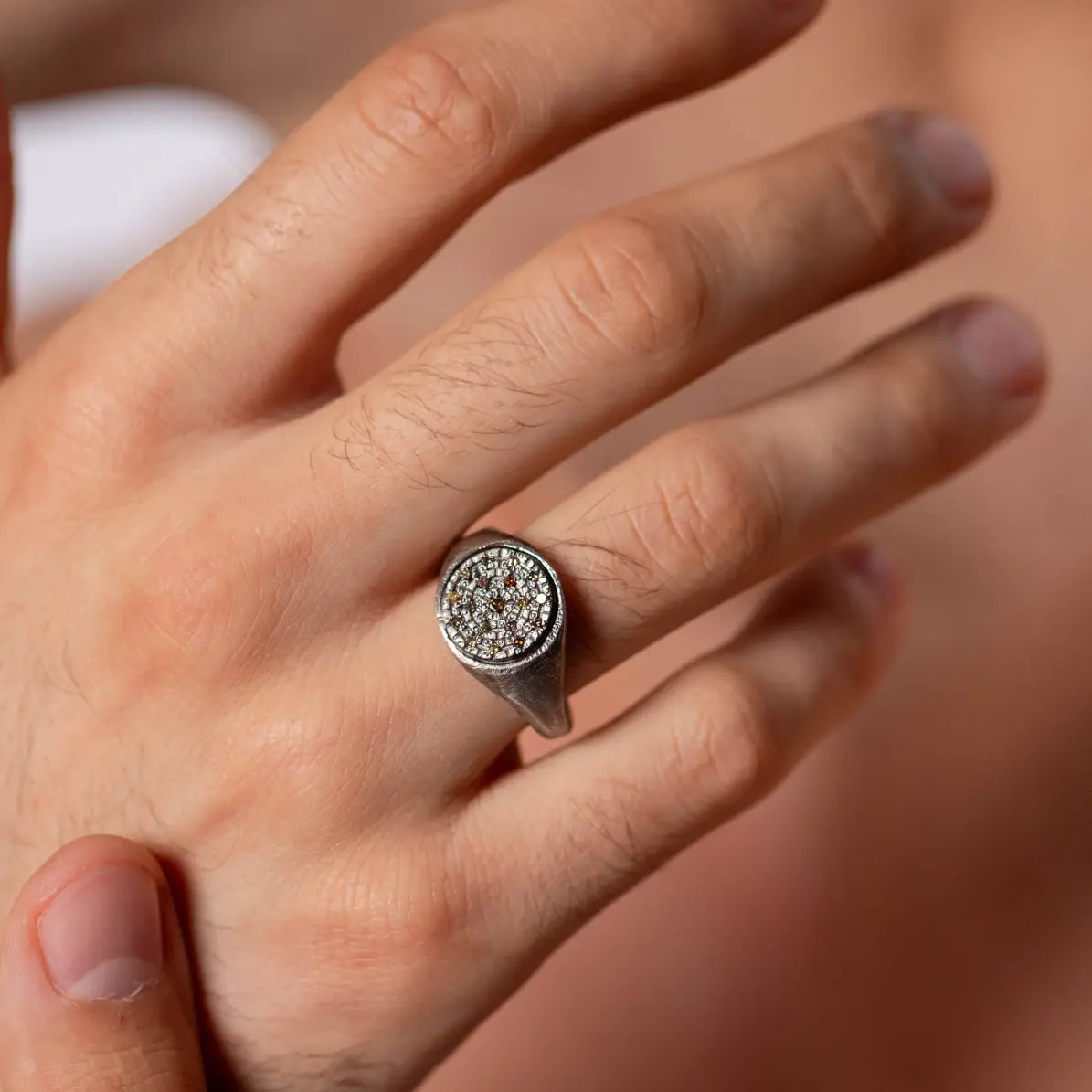 Signet Ring Oxidized Silver 925 Brown Diamond