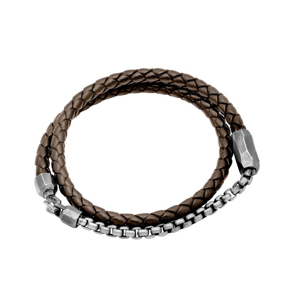 Men Leather Cord Wrap Bracelet Oxidized Silver