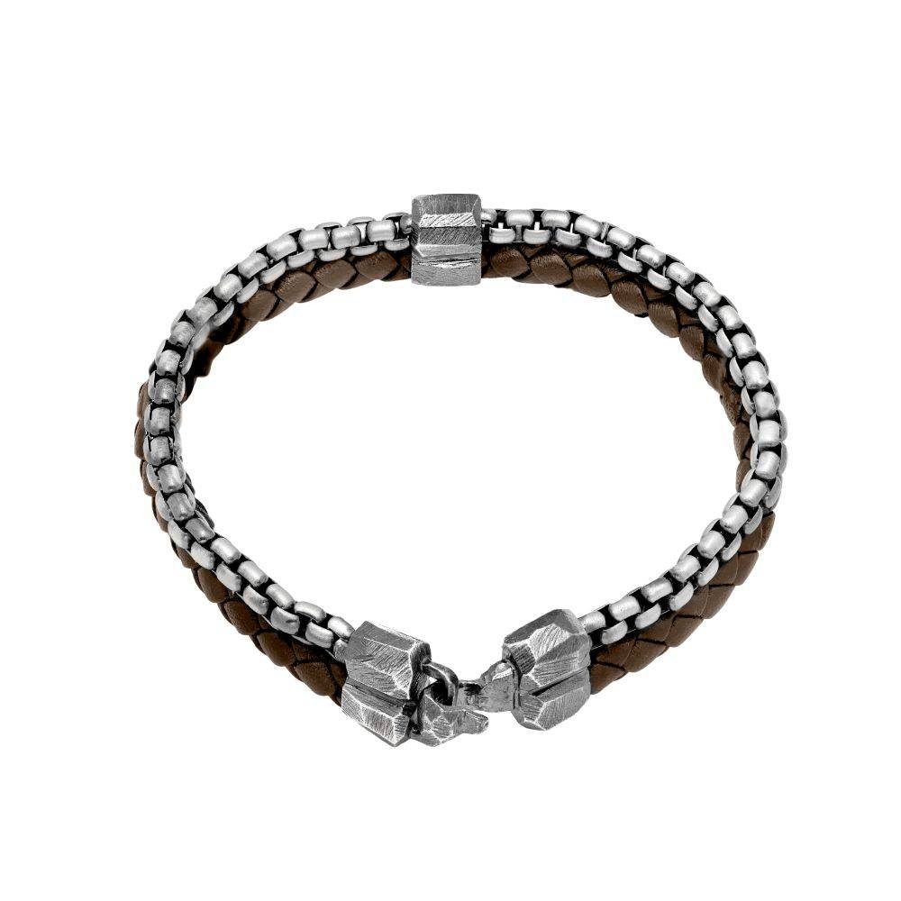 Double Chain and Leather Cord Bracelet