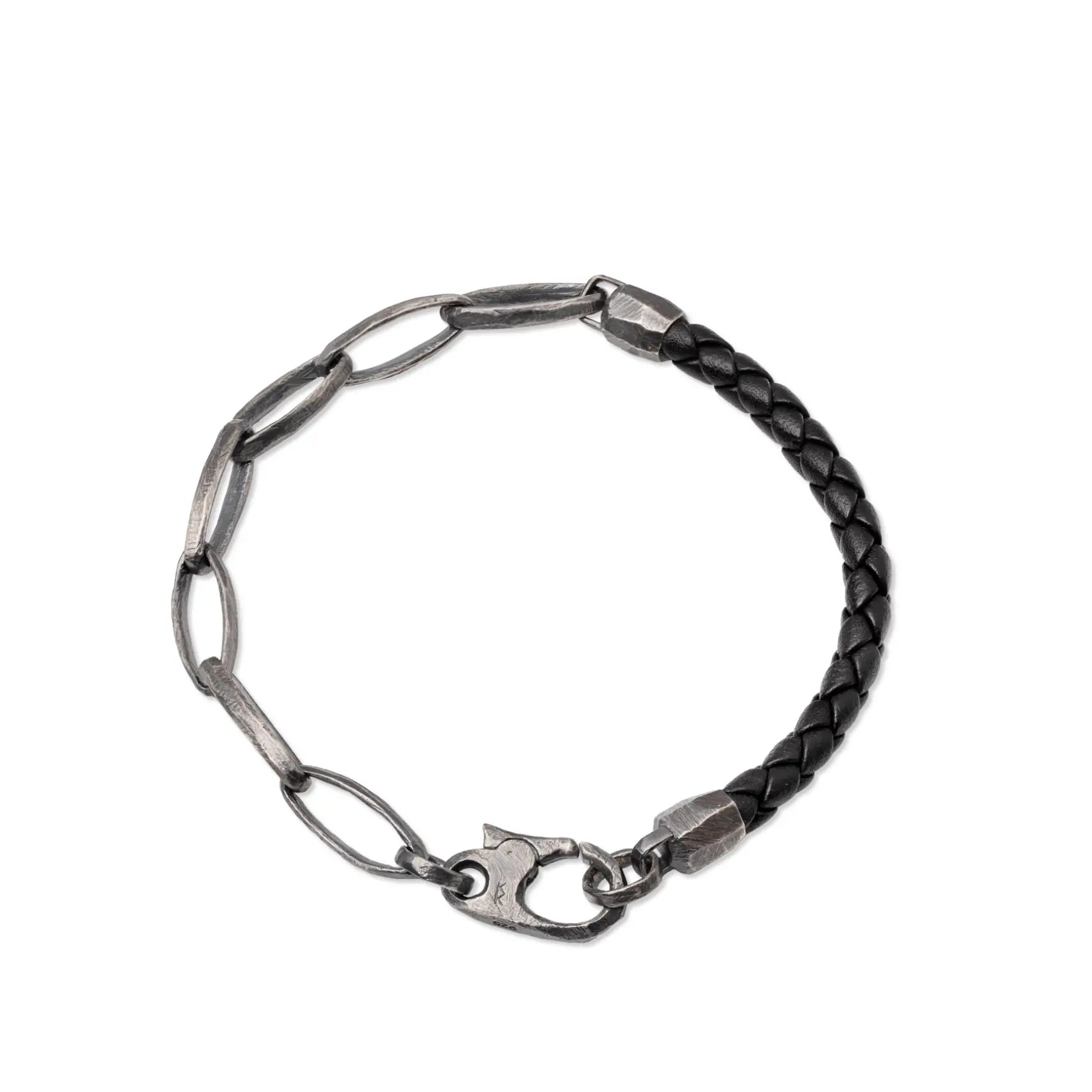 Men Leather Bracelet Sterling Silver 925 Chain