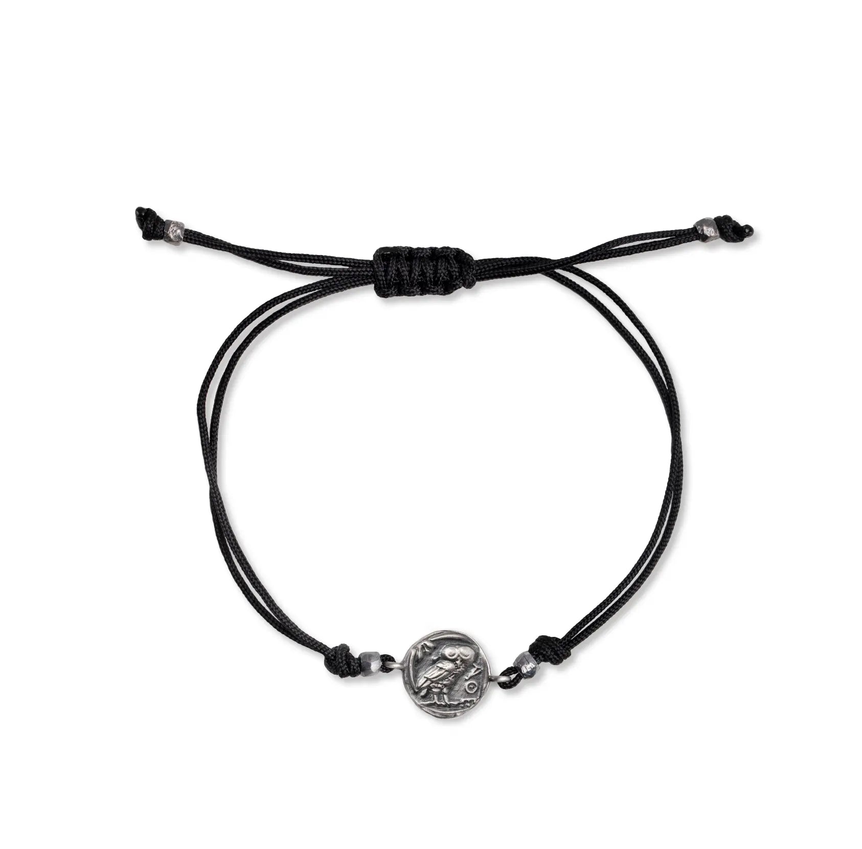 Greek Owl Bracelet with Black Cord featuring a delicate owl charm on a minimal black cord.
