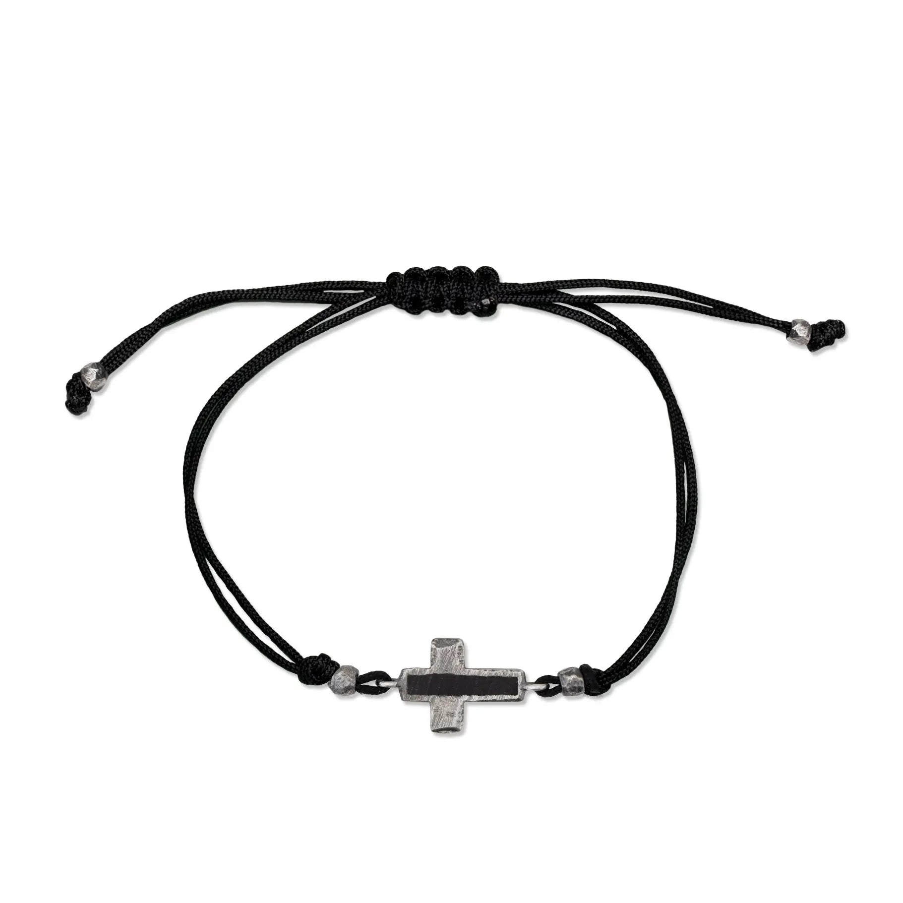 Cross Bracelet with Black Enamel featuring a modern design and black cord, perfect for everyday wear.